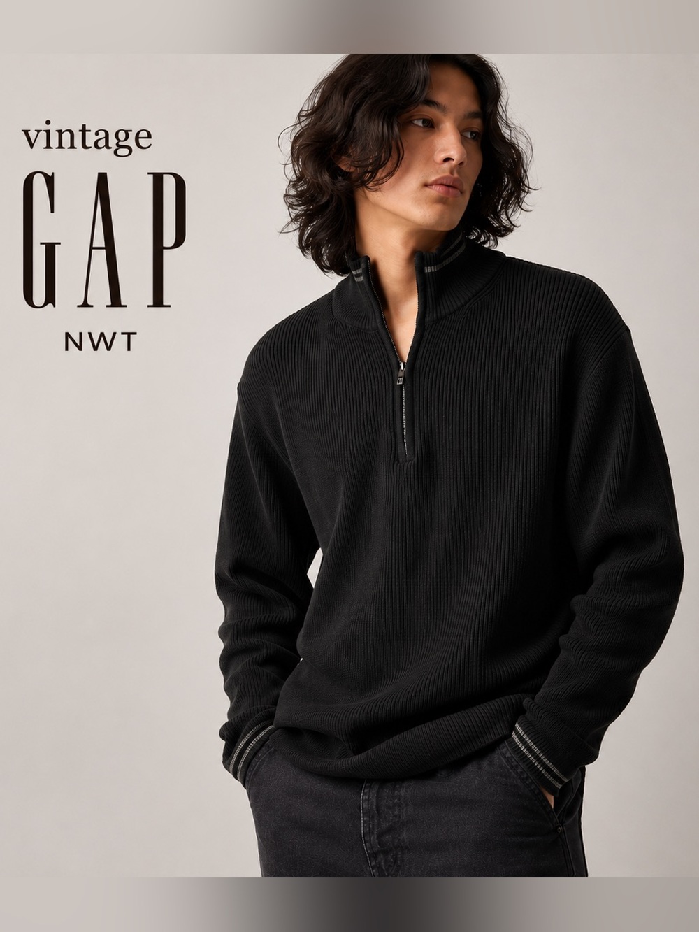 Unisex Gap Y2K Heavyweight Ribbed Knit Cotton Sweater Top Cadet Collar Zipper L